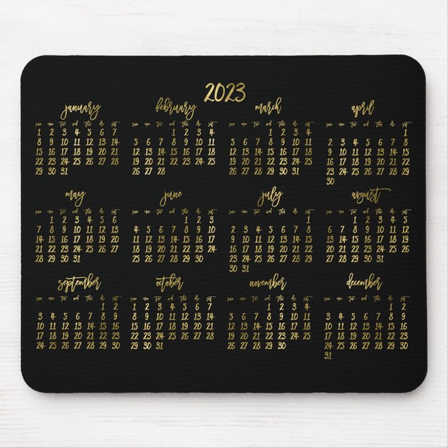 Mousepad Calendário Dourado Preto E Preto De Script Elegant (Frente)