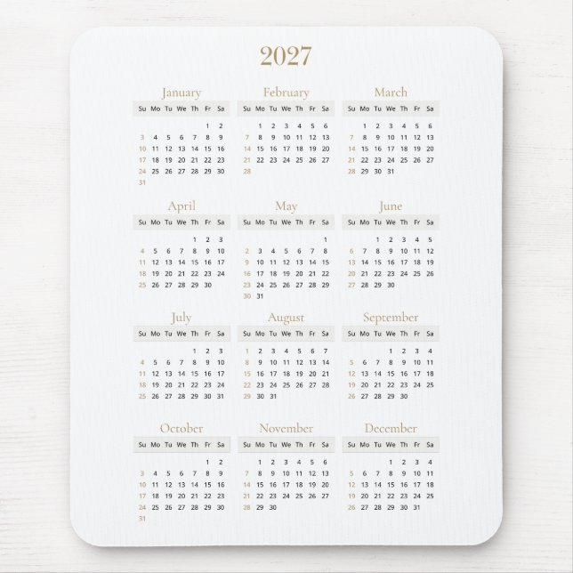 Mousepad Calendário Elegante Dourado 2027 | Qualquer cor de (Frente)