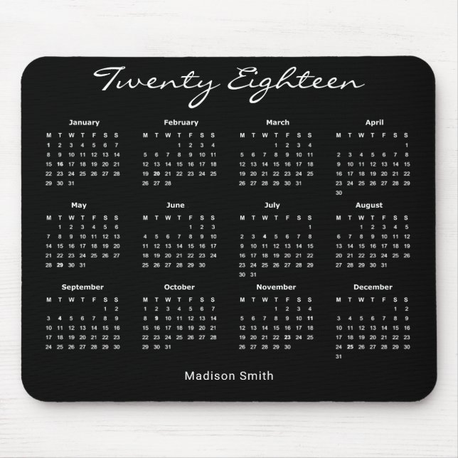 Mousepad Calendário elegante simples do preto 2018 (Frente)