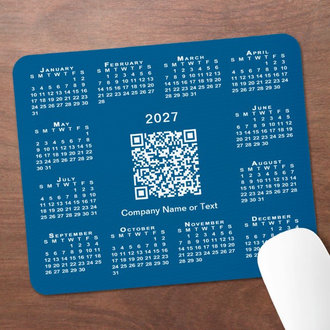 Mousepad Calendário Empresarial QR Code Azul Simples 2027 (Simple 2027 Calendar Business QR Code Blue Mouse Pad in situ)
