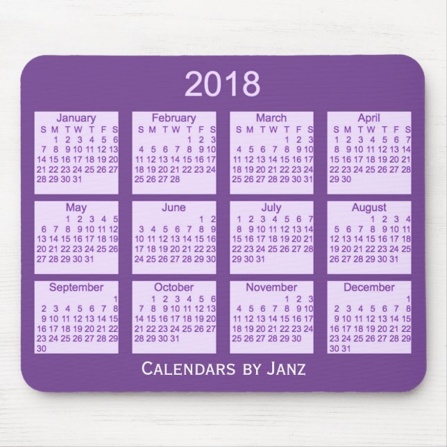 Mousepad Calendário encaixotado 2018 roxos pelo tapete do (Frente)