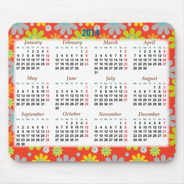 Mousepad Calendário floral 2014 por o ano novo (Frente)