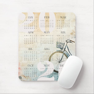 Mousepad Calendário Floral da Bicicleta de Aquarela Vintage