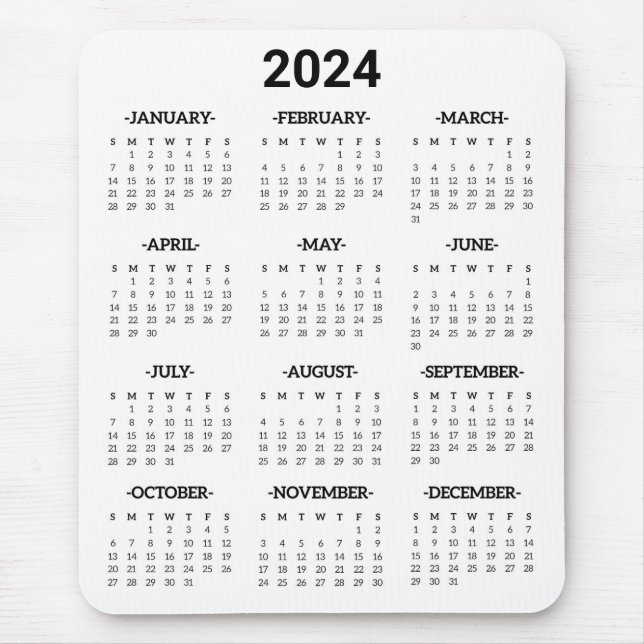 Mousepad Calendário geral de 2024 anos preto e branco simpl (Frente)
