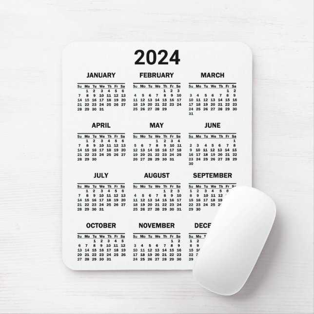 Mousepad Calendário geral de 2024 anos preto e branco simpl (Com mouse)