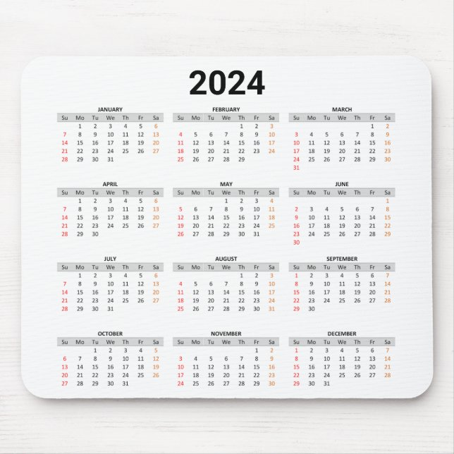 Mousepad Calendário geral do Simples Cheio 2024 dos EUA (Frente)