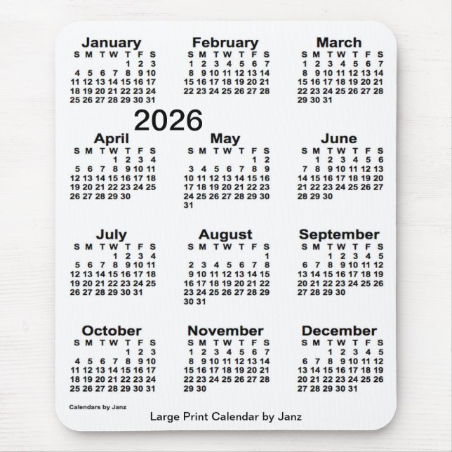 Mousepad Calendário Impressão branco de 2026 por Janz (Frente)