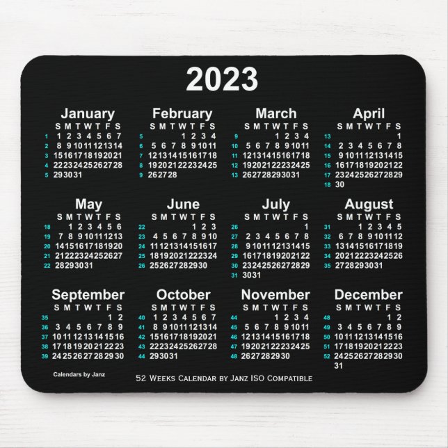 Mousepad Calendário ISO 2023 Neon White 52 Semanas por Janz (Frente)