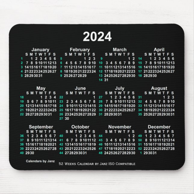 Mousepad Calendário ISO 2024 Neon White 52 Semanas por Janz (Frente)
