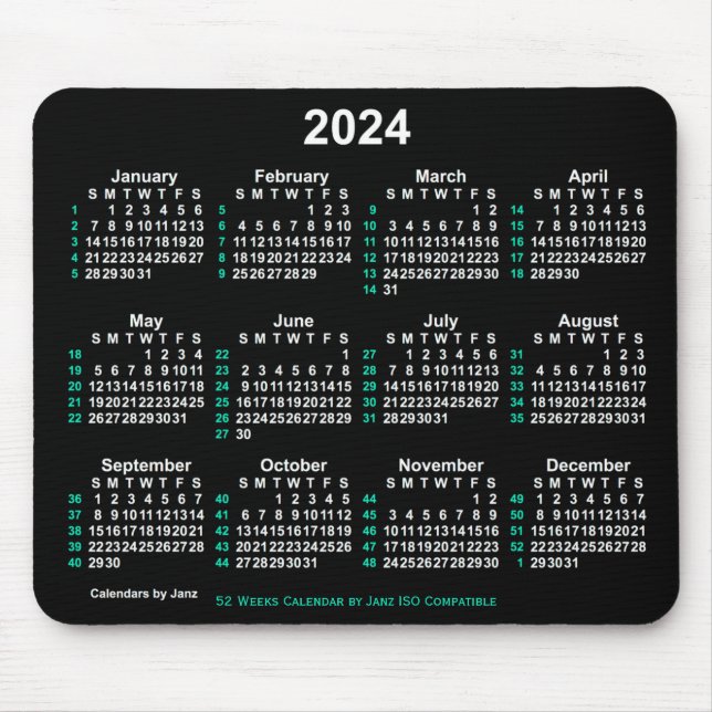 Mousepad Calendário ISO 2024 Neon White 52 Semanas por Janz (Frente)