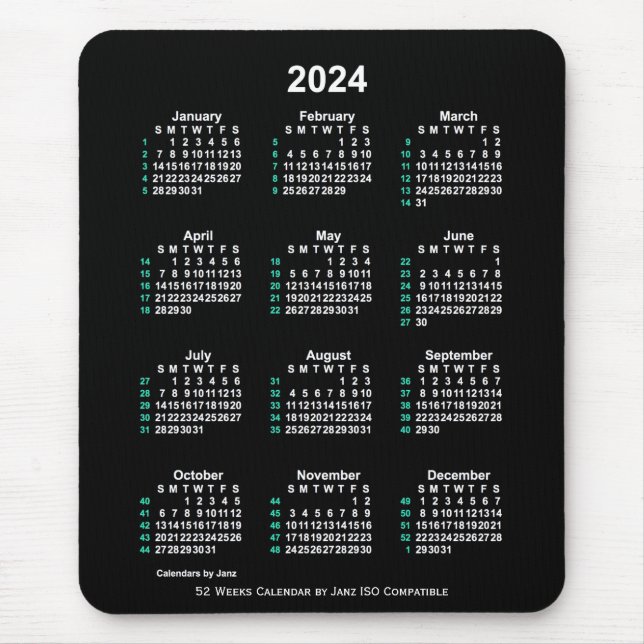 Mousepad Calendário ISO 2024 Neon White 52 Semanas por Janz (Frente)