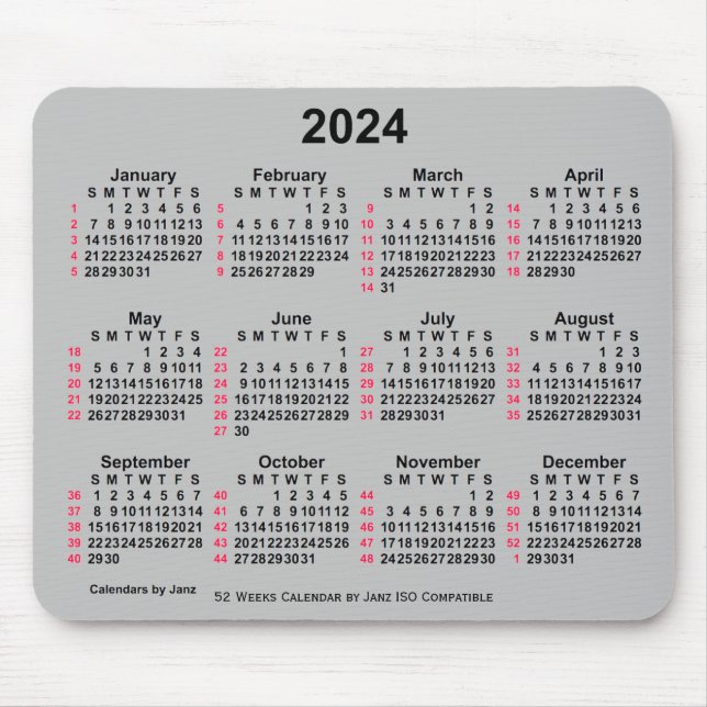 Mousepad Calendário ISO 2024 Silver 52 Semanas por Janz (Frente)