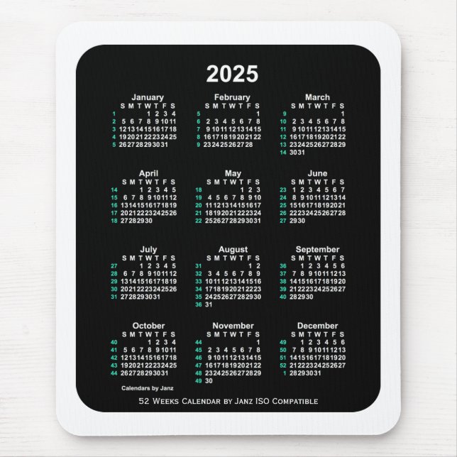 Mousepad Calendário ISO 2025 Neon 52 Semanas por Janz Dois  (Frente)