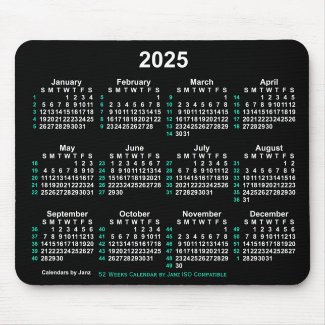 Mousepad Calendário ISO 2025 Neon White 52 Semanas por Janz (Frente)