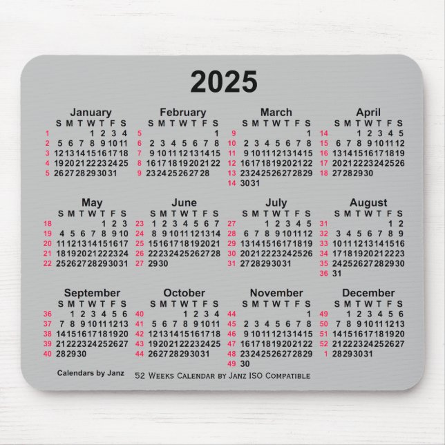 Mousepad Calendário ISO 2025 Silver 52 Semanas por Janz (Frente)