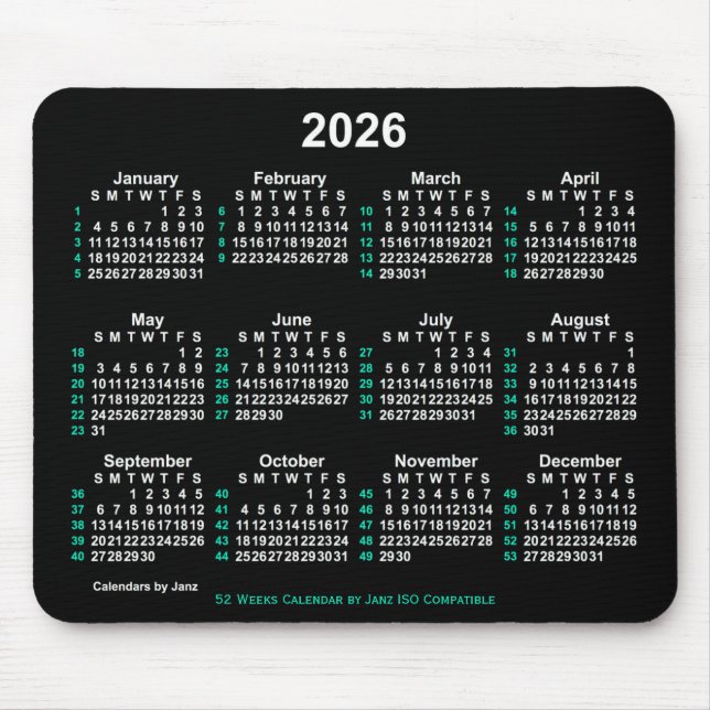 Mousepad Calendário ISO 2026 Neon White 52 Semanas por Janz (Frente)