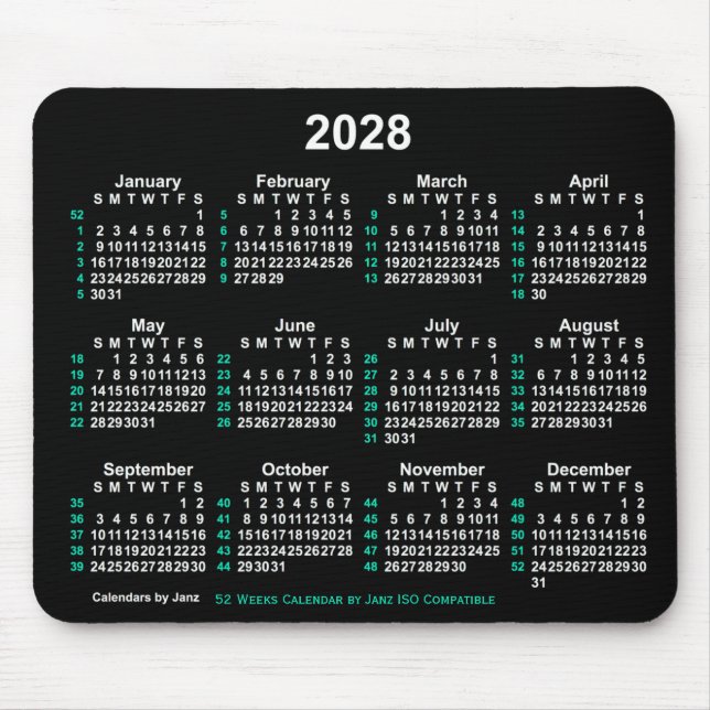 Mousepad Calendário ISO 2028 Neon White 52 Semanas por Janz (Frente)