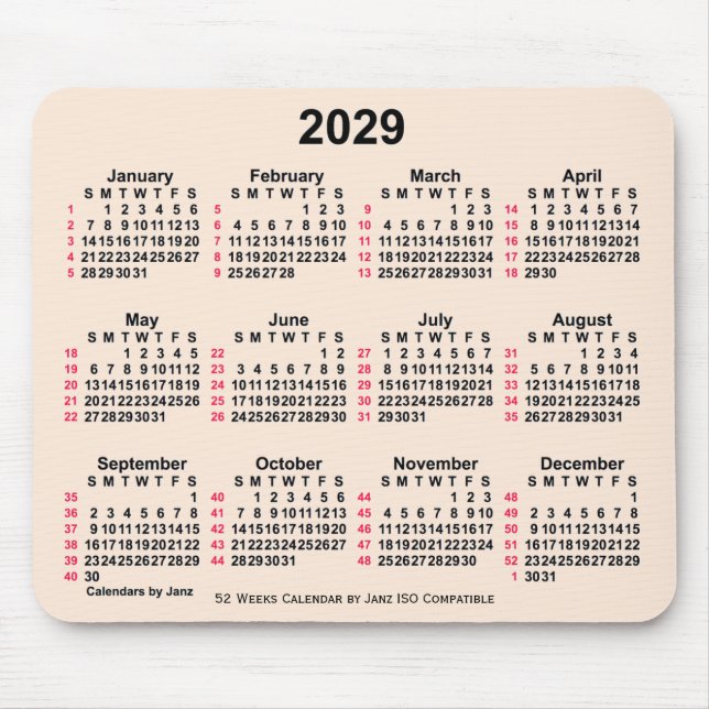 Mousepad Calendário ISO 2029 de 52 Semanas Aníticas Brancas (Frente)