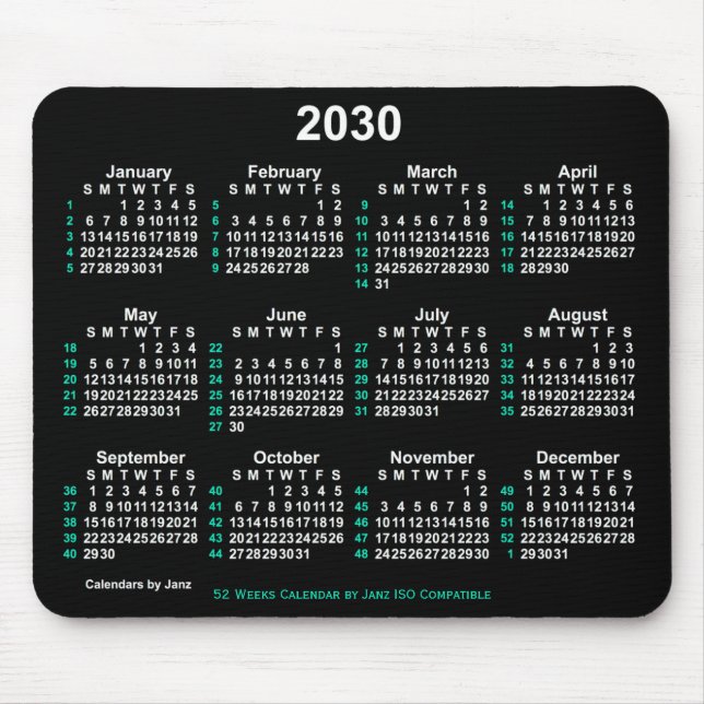 Mousepad Calendário ISO 2030 Neon White 52 Semanas por Janz (Frente)