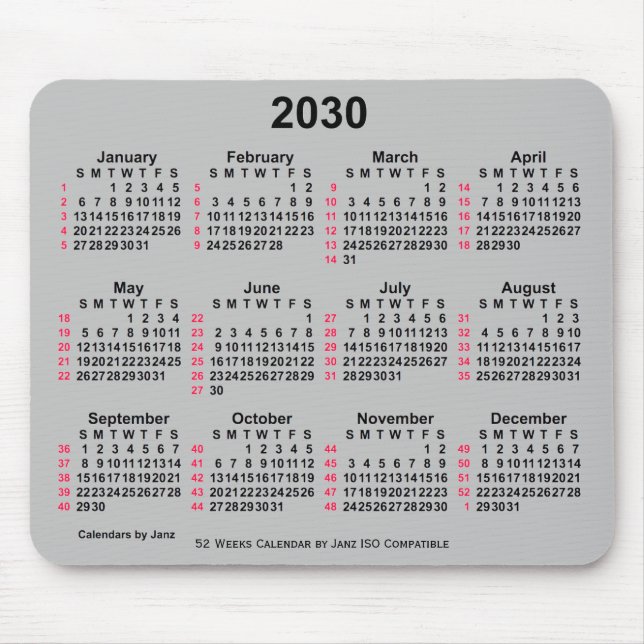 Mousepad Calendário ISO 2030 Silver 52 Semanas por Janz (Frente)