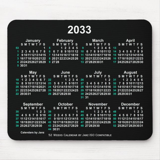 Mousepad Calendário ISO 2033 Neon White 52 Semanas por Janz (Frente)