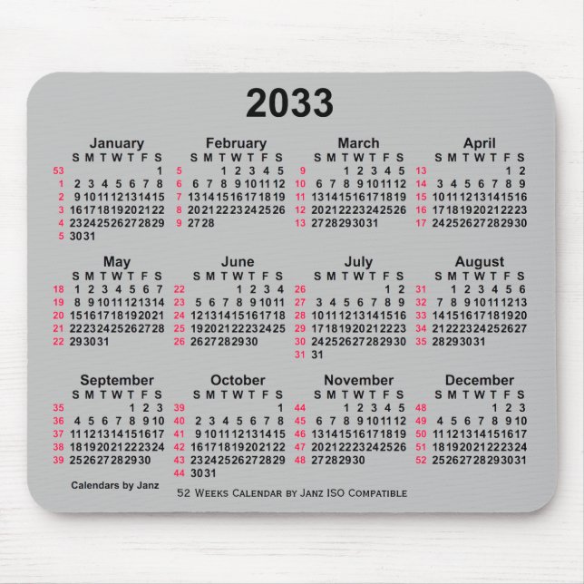 Mousepad Calendário ISO 2033 Silver 52 Semanas por Janz (Frente)