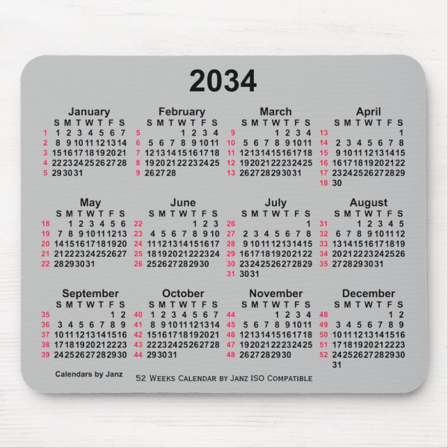 Mousepad Calendário ISO 2034 Silver 52 Semanas por Janz (Frente)