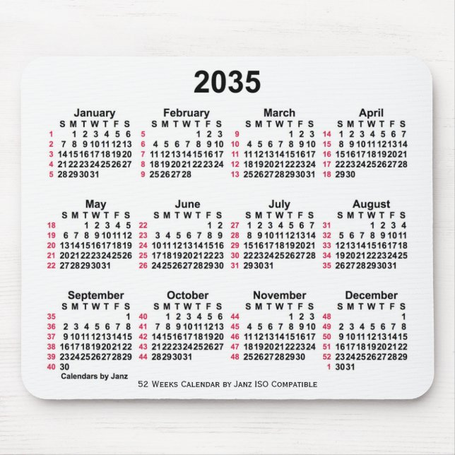 Mousepad Calendário ISO 2035 White 52 Weeks por Janz (Frente)