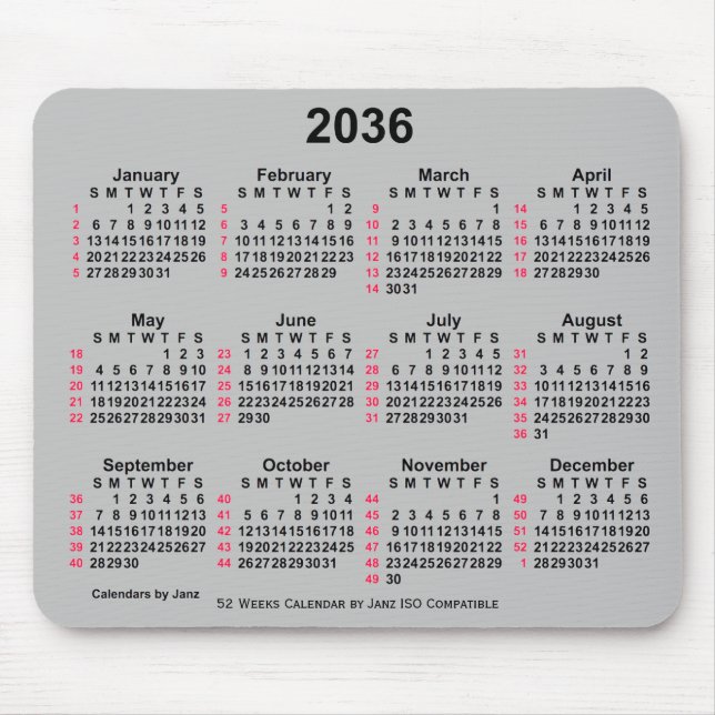 Mousepad Calendário ISO 2036 Silver 52 Semanas por Janz (Frente)