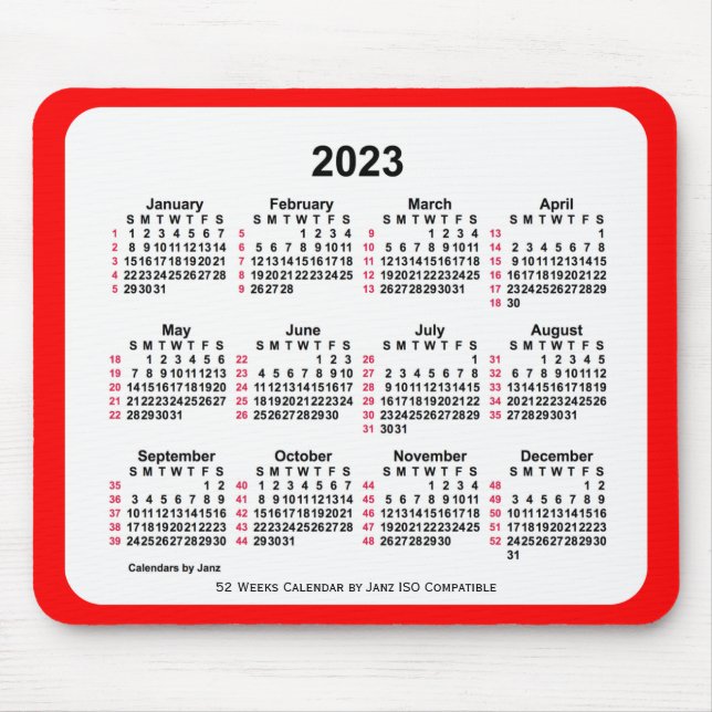 Mousepad Calendário ISO de 2023 Red 52 Semanas por Janz (Frente)