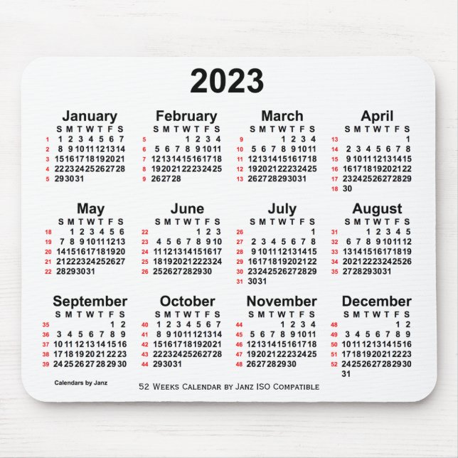 Mousepad Calendário ISO de 2023 White 52 Semanas por Janz (Frente)