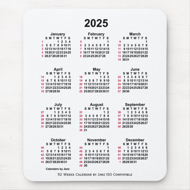 Mousepad Calendário ISO de 2025 White 52 Semanas por Janz (Frente)
