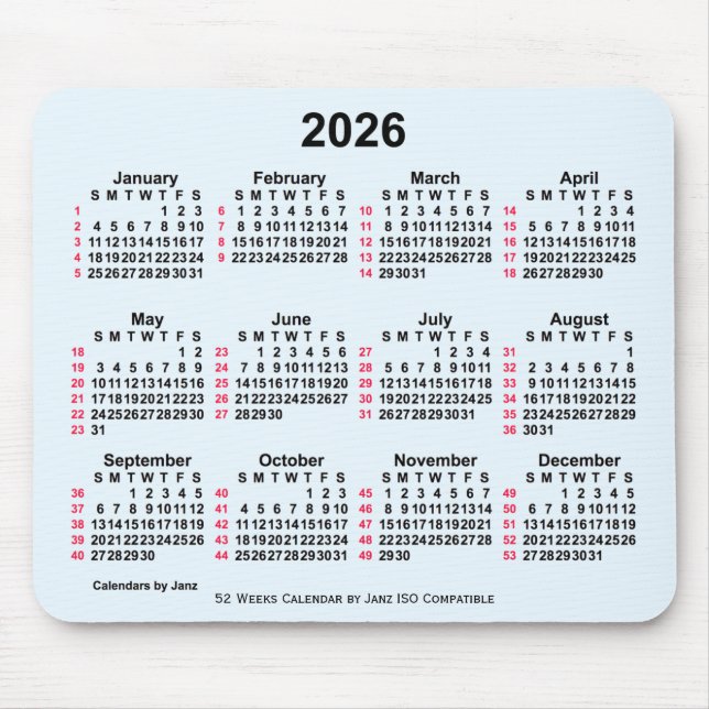 Mousepad Calendário ISO de 2026 Alice Blue 52 Semanas por J (Frente)