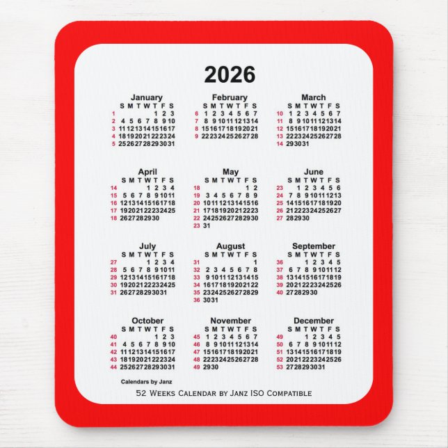 Mousepad Calendário ISO de 2026 Red 52 Semanas por Janz Doi (Frente)