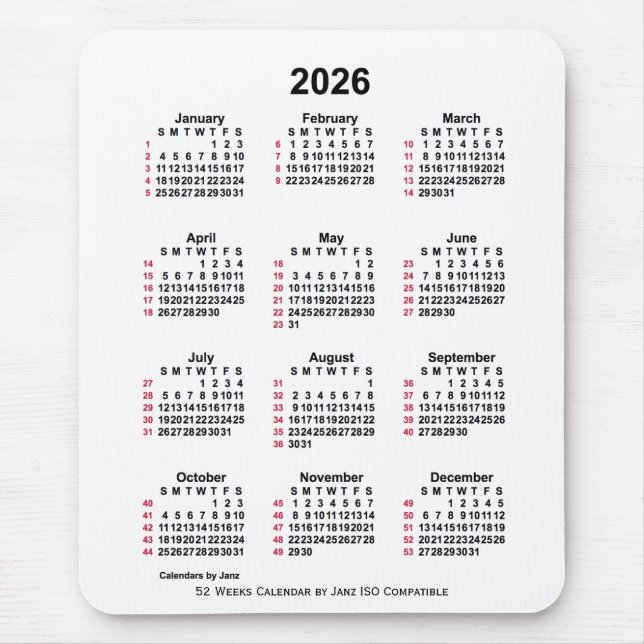 Mousepad Calendário ISO de 2026 White 52 Semanas por Janz (Frente)