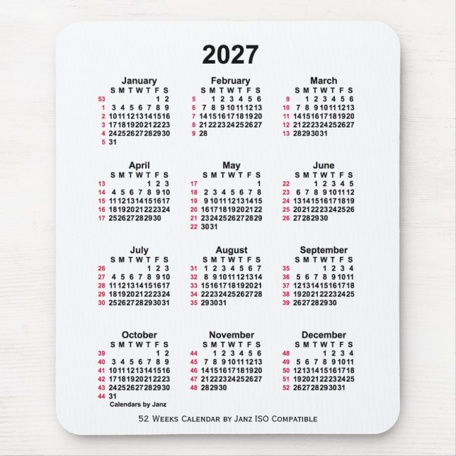 Mousepad Calendário ISO de 2027 White 52 Semanas por Janz (Frente)