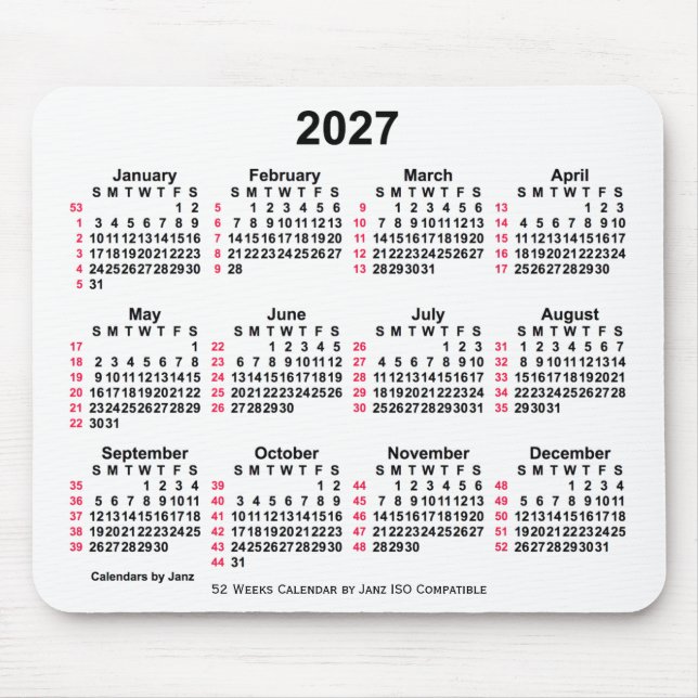 Mousepad Calendário ISO de 2027 White 52 Semanas por Janz (Frente)