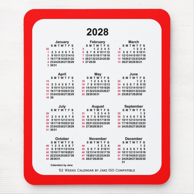 Mousepad Calendário ISO de 2028 Red 52 Semanas por Janz Doi (Frente)