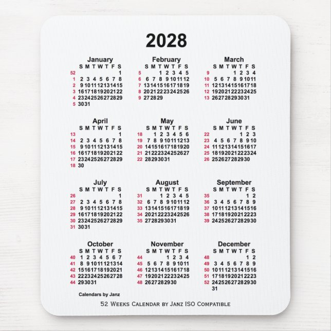 Mousepad Calendário ISO de 2028 White 52 Semanas por Janz (Frente)