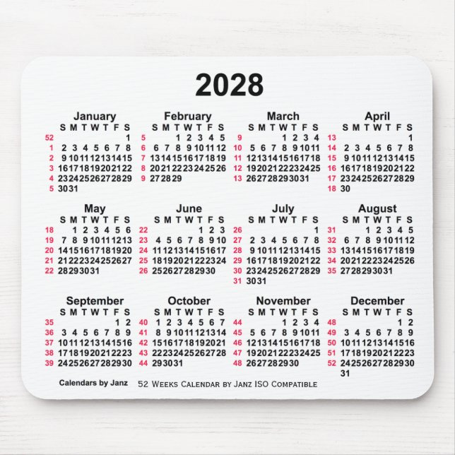 Mousepad Calendário ISO de 2028 White 52 Semanas por Janz (Frente)