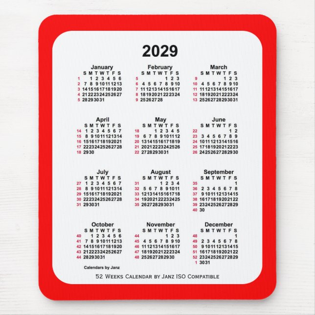 Mousepad Calendário ISO de 2029 Red 52 Semanas por Janz Doi (Frente)