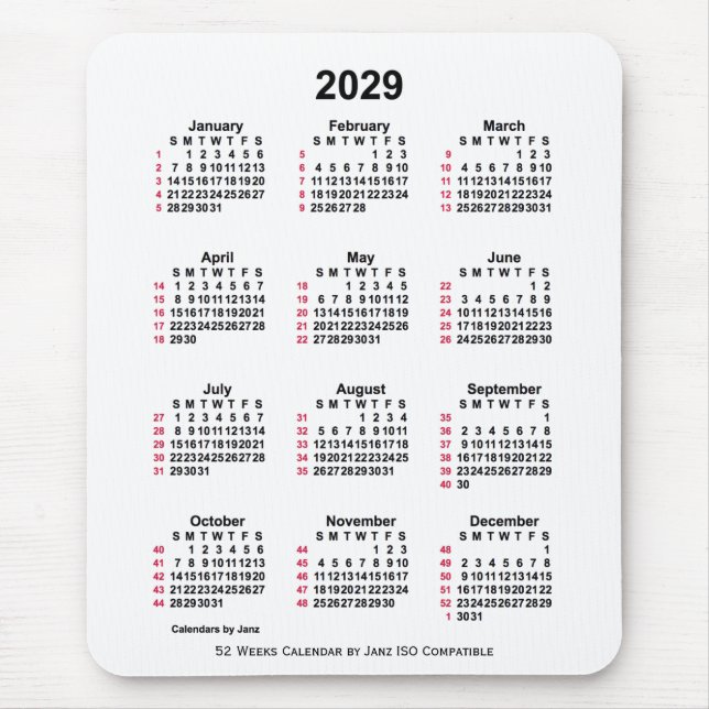 Mousepad Calendário ISO de 2029 White 52 Semanas por Janz (Frente)