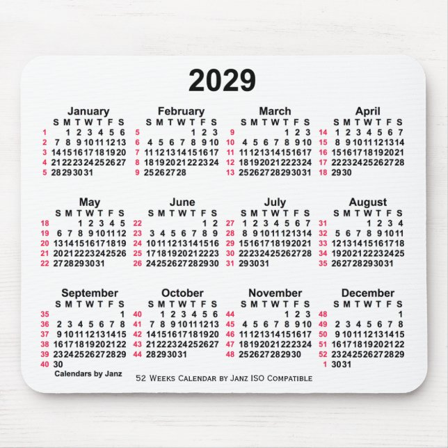 Mousepad Calendário ISO de 2029 White 52 Semanas por Janz (Frente)