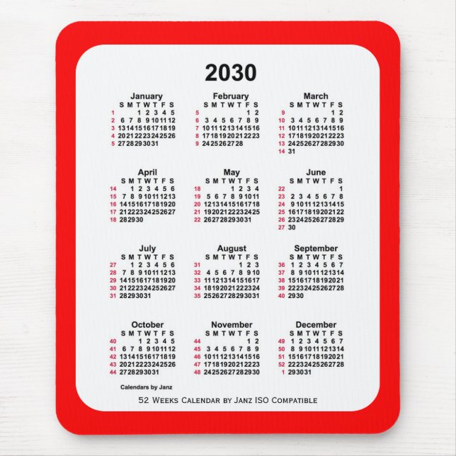 Mousepad Calendário ISO de 2030 Red 52 Semanas por Janz Doi (Frente)