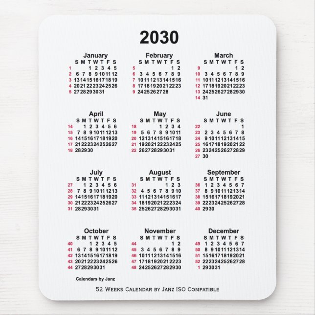 Mousepad Calendário ISO de 2030 White 52 Semanas por Janz (Frente)