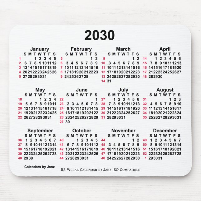 Mousepad Calendário ISO de 2030 White 52 Semanas por Janz (Frente)