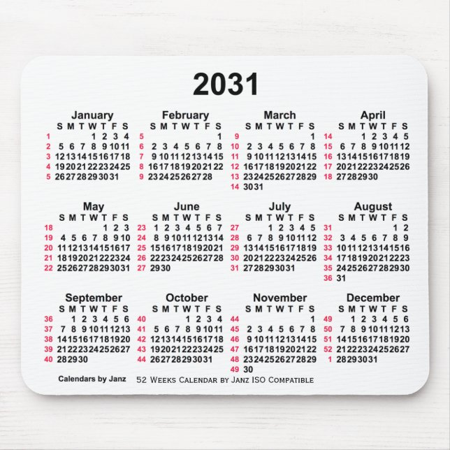 Mousepad Calendário ISO de 2031 White 52 Semanas por Janz (Frente)