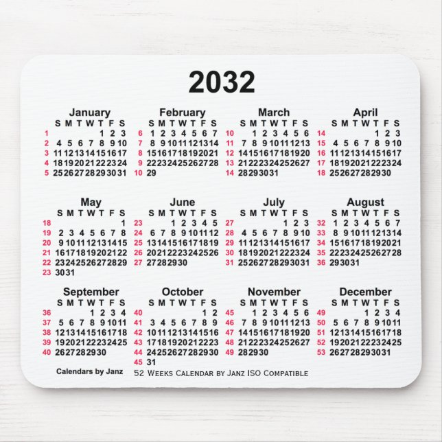 Mousepad Calendário ISO de 2032 White 52 Semanas por Janz (Frente)