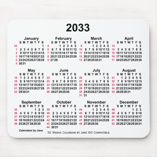 Mousepad Calendário ISO de 2033 White 52 Semanas por Janz (Frente)