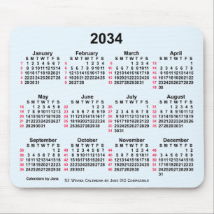 Mousepad Calendário ISO de 2034 Alice Blue 52 Semanas por J